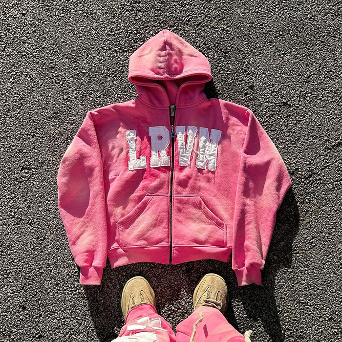 Custom Oversized 500gsm Acid Washed Zip Up Distressed Letter Patchwork Embroidery Hoodies