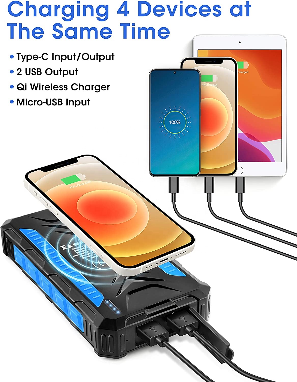 Fast Charging Wireless Solar Power Battery Bank 30000mAh High Capacity