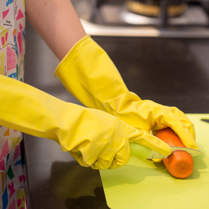Yellow Color Cotton Flocklined Rubber Gloves For Household Kitchen Use