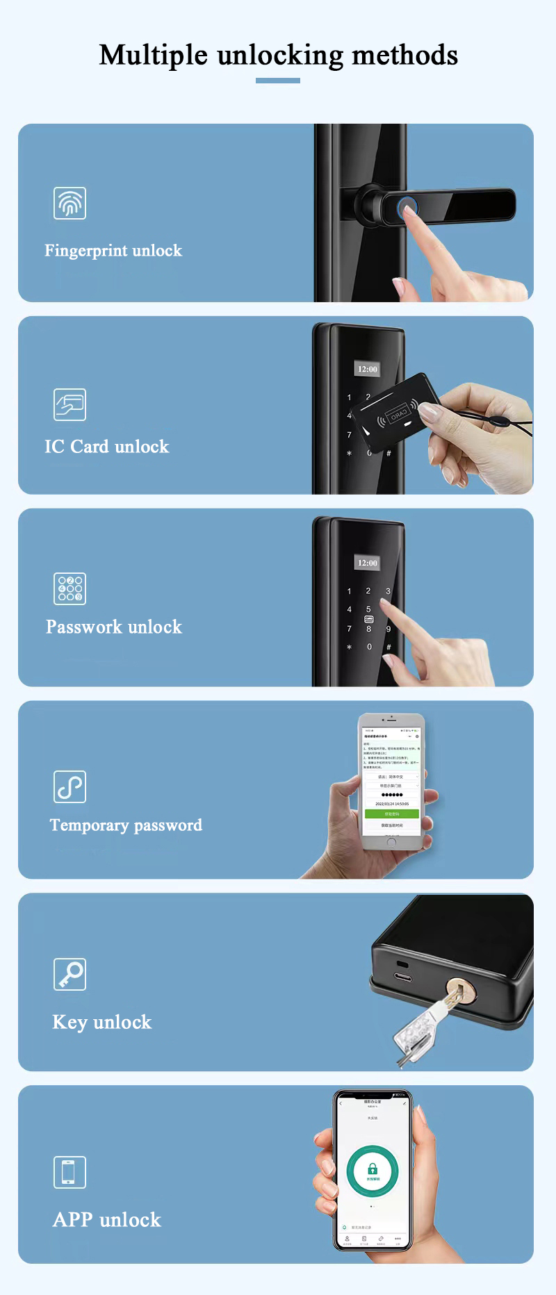 Key Password Card Fingerprint Smart Lock Aluminum Alloy and Tempered Glass