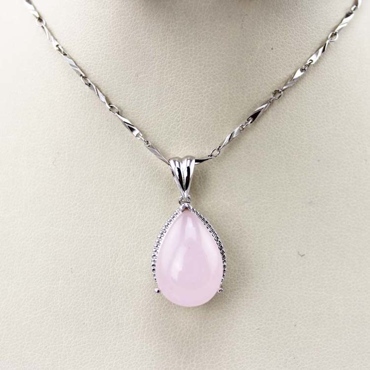 Sterling Silver Rose Quartz Cubic Zircon Drop Pendant Necklace (PSJ0160)