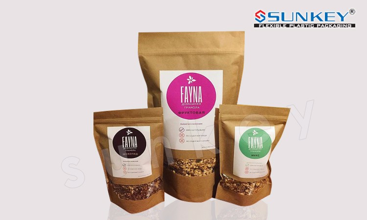 Biodegradable Resealable Food Packaging With Window Kraft Paper Stand Up Pouch