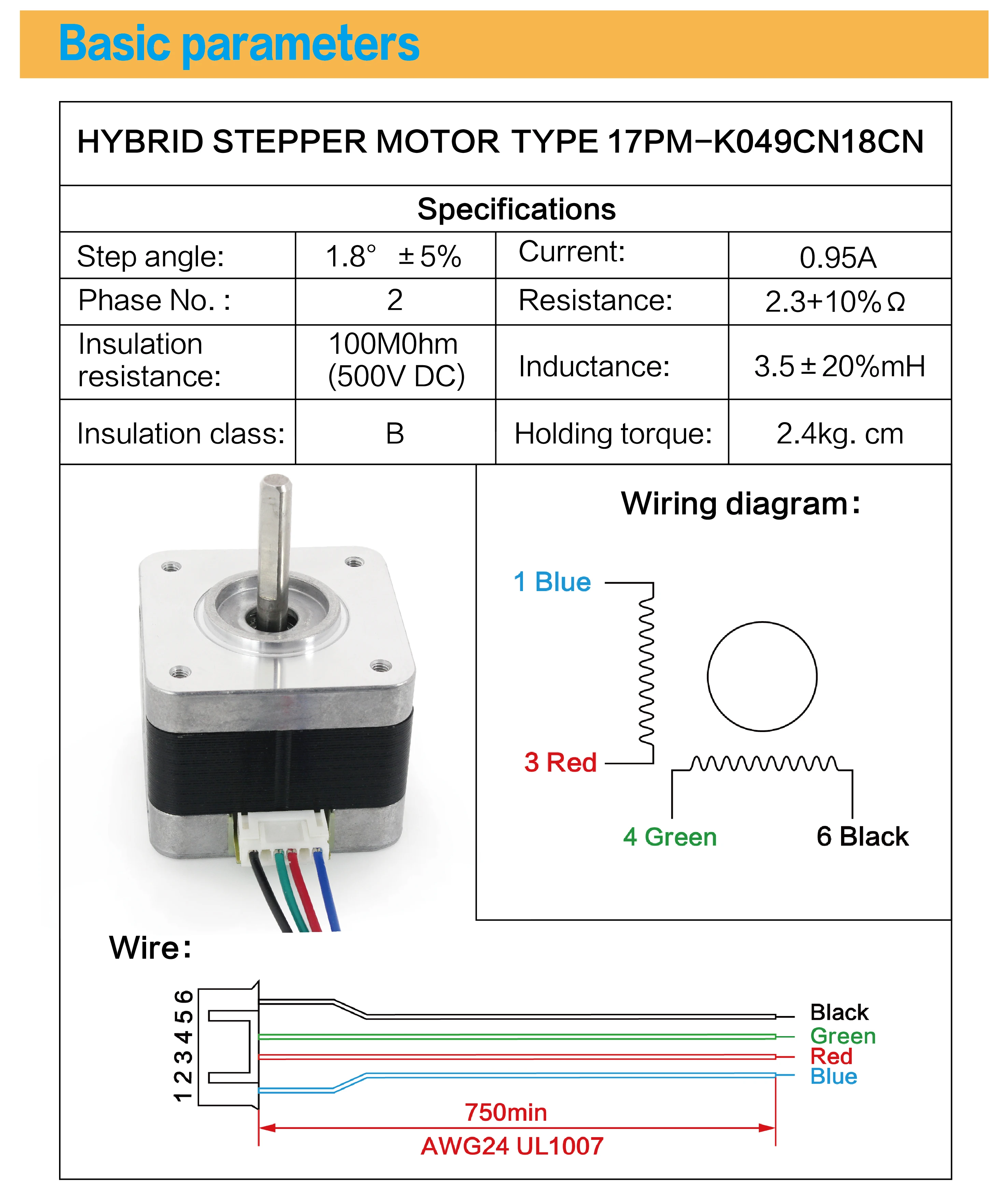 Nema17 Stepper Motor 34mm + 1M Cable 2 Phase 0.95A 2.4kg.Cm For CNC 3D Printer