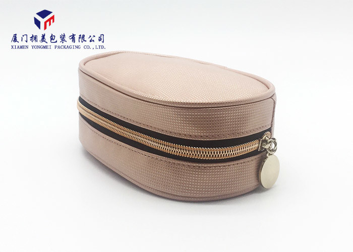 Oval Shape Custom Leather Cosmetic Bag Simple Fashion Design With Metal Zipper