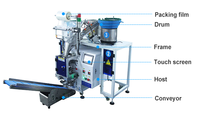 Factory Good Quality 3 Drums Automatic Plastic Bag Sachet Bolt Nut Hardware Screw Counting Packing Machine