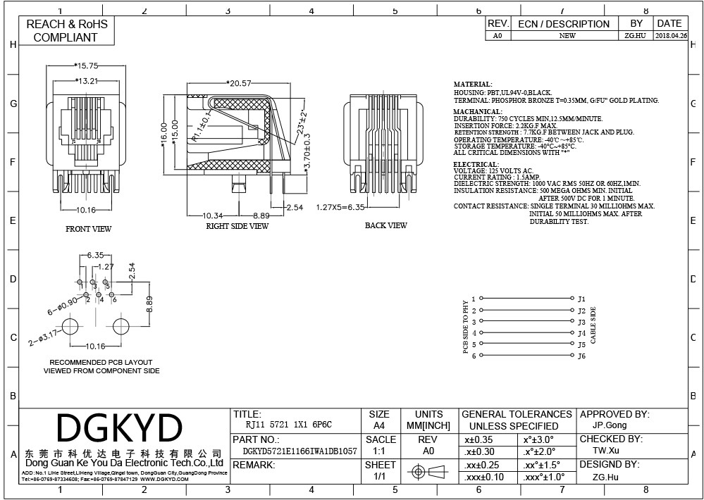 DGKYD5721E1166IWA1DB1057 Single Port 180 Degree TAB UP RJ45 Modular Connector With PBT Housing
