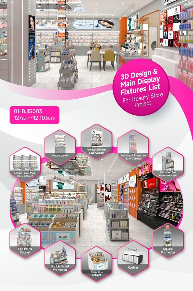01-BJiS003, Platinum Series Cosmetic Shop in Shaanxi featuring 45 Main Fixtures within 127 Sqm and Approx. $12,103 Budget