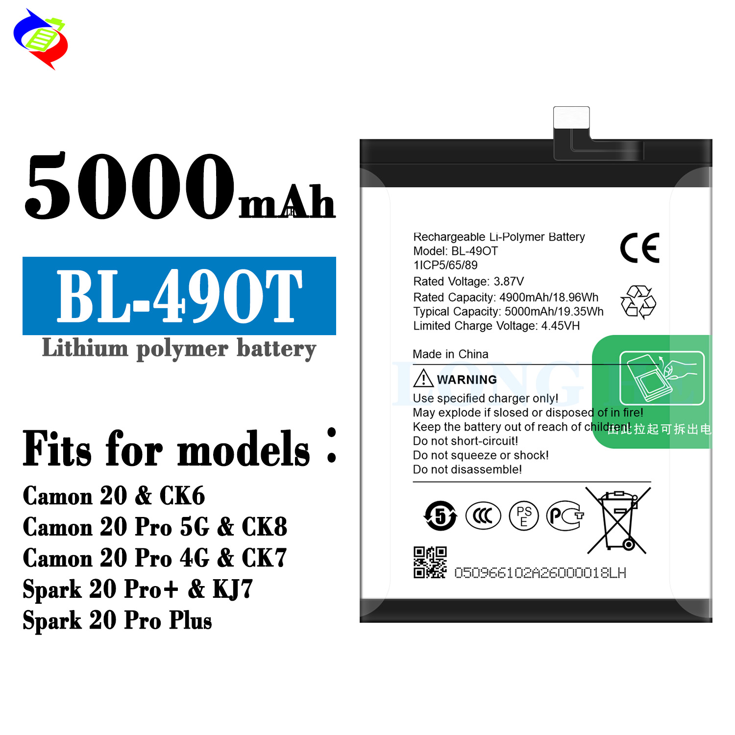 RECHARGABLE 5000mAh Battery for Tecno Camon 20/20 Pro/Spark 20 Pro /Plus Mobile Phone BL-49OT