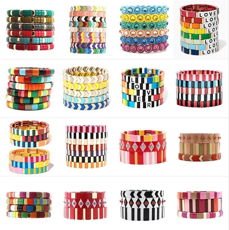 Handmade Enamel Tile Bracelet , Gold Color Boho Bead Bracelets