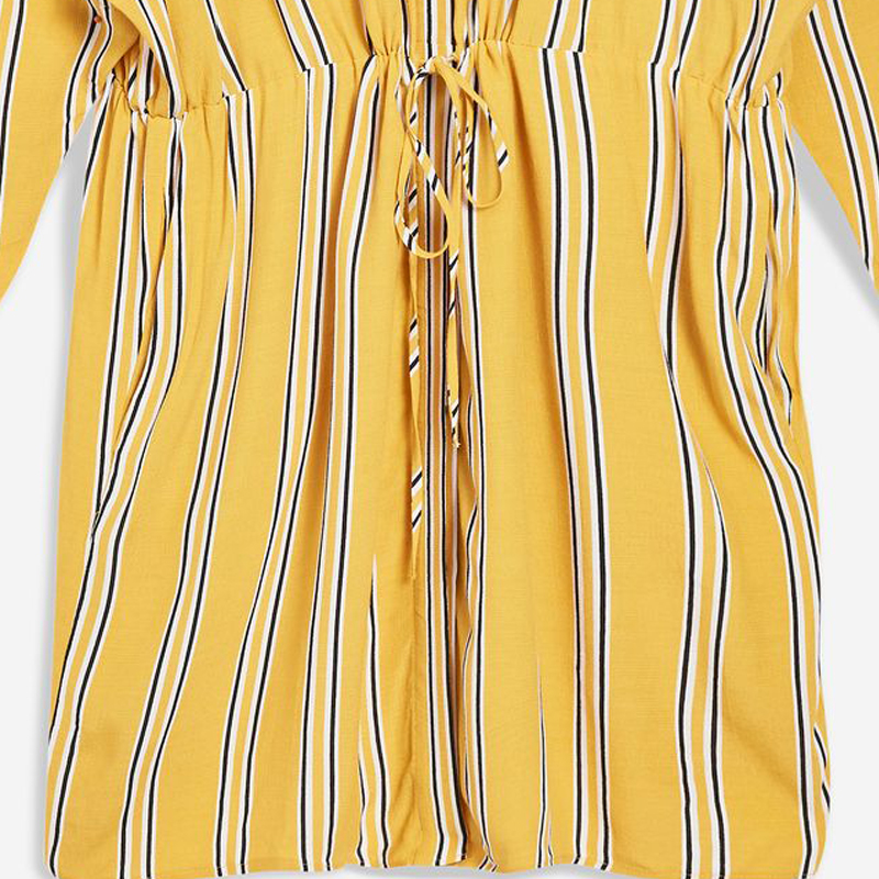 Yellow Stripe Drawstring Ladies Casual Shirt Dress Long Sleeve for Women