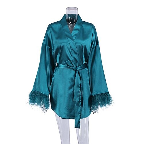 OEM maufactory Autumn Pajamas Sexy Bath Long Sleeved Feathers Satin Robe Pure Color French Leisure