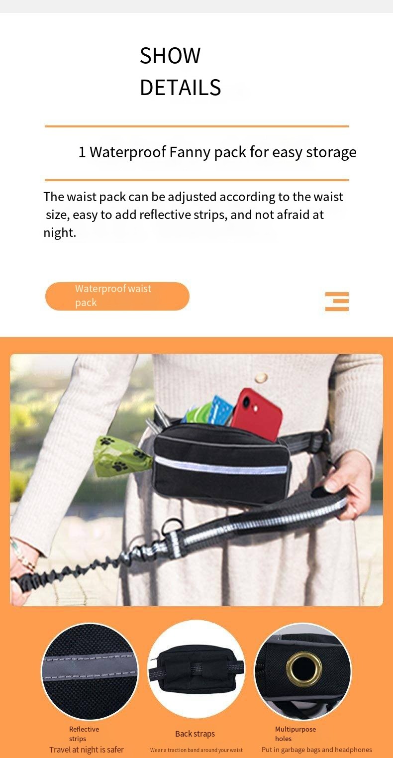 Pet Sports Running Reflective Material Leash Dog Double Handle Leash With Waist Bag Set