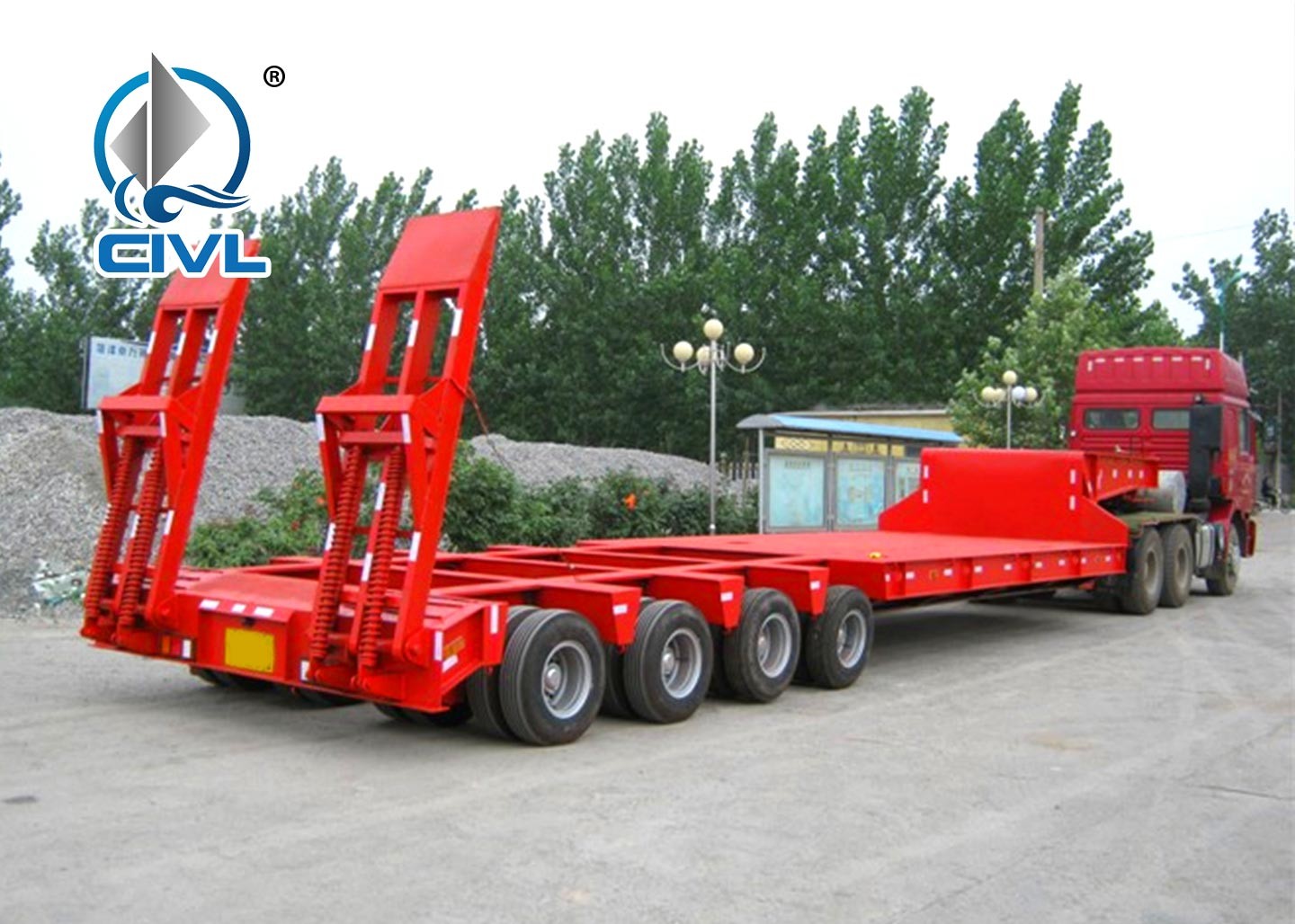50 Tons Low Bed Semi Trailer , 3 Axles Flat Low Flatbed Trailer Manual Transmission
