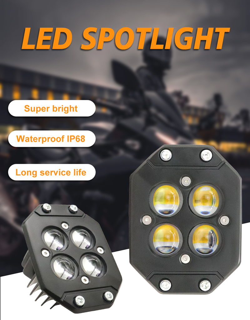 Square White Yellow 4 Beam Aluminum Universal LED Motorcycle Spot Lights