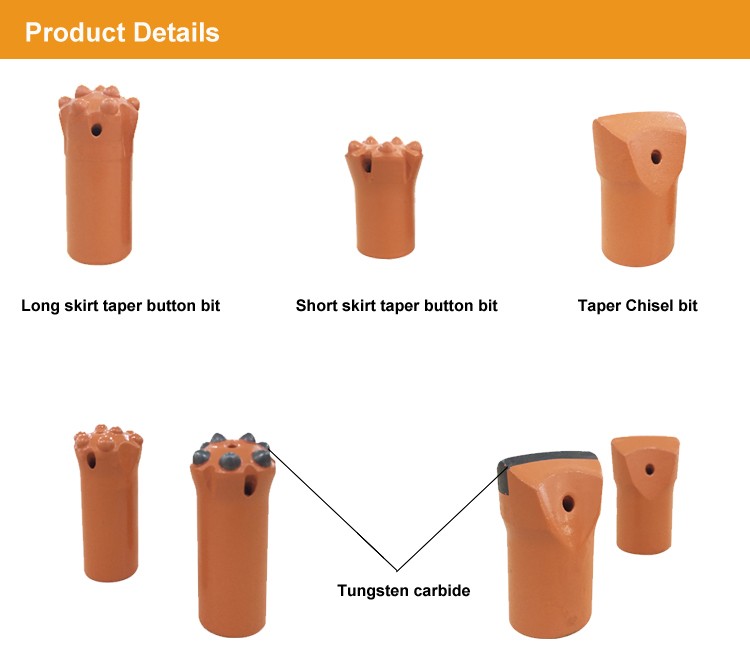 32mm to 42mm long skirts bit button taper bit for mining machine parts
