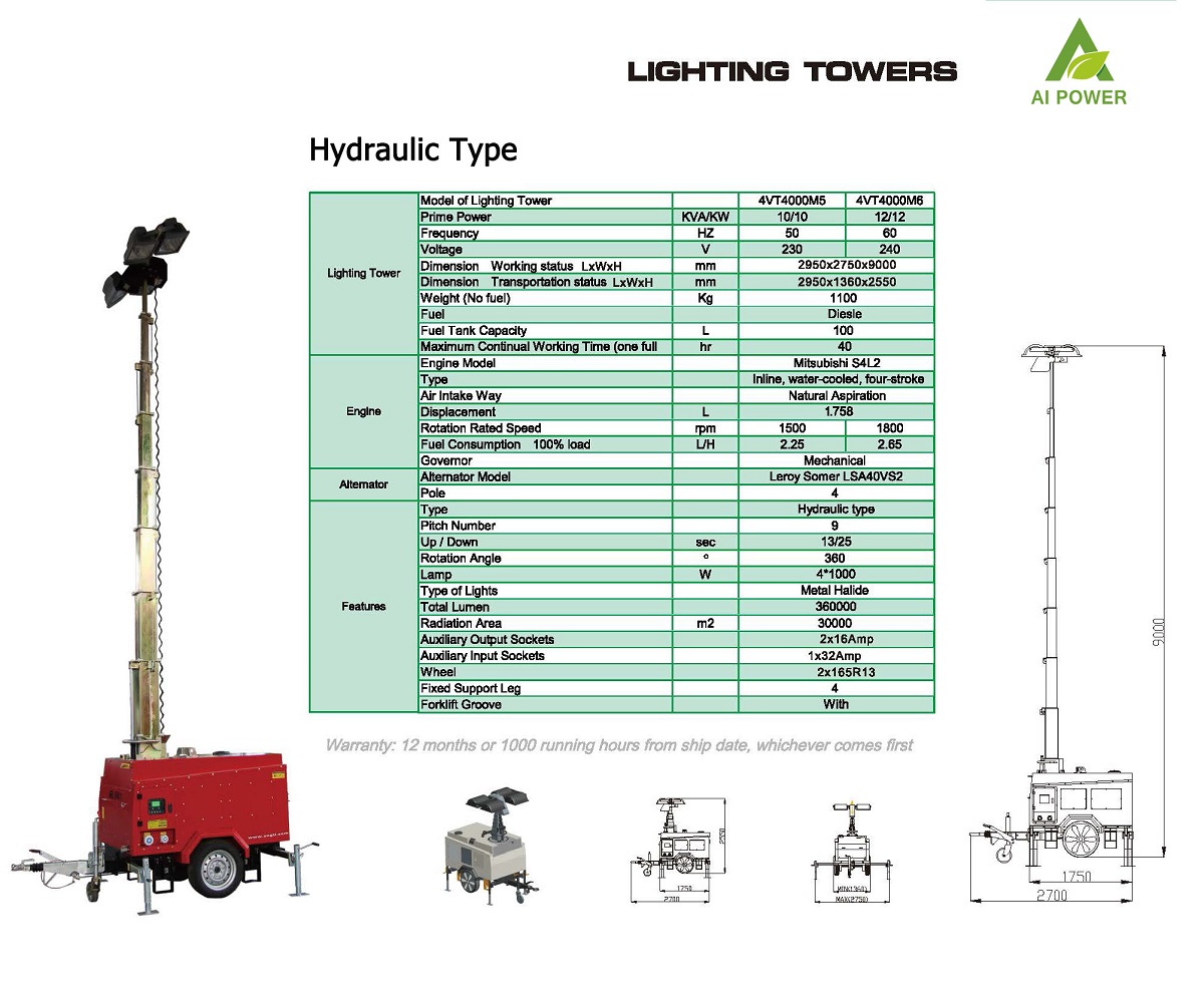 4X1000w 7m 9m Portable Generator Light Tower Trailer Mounted