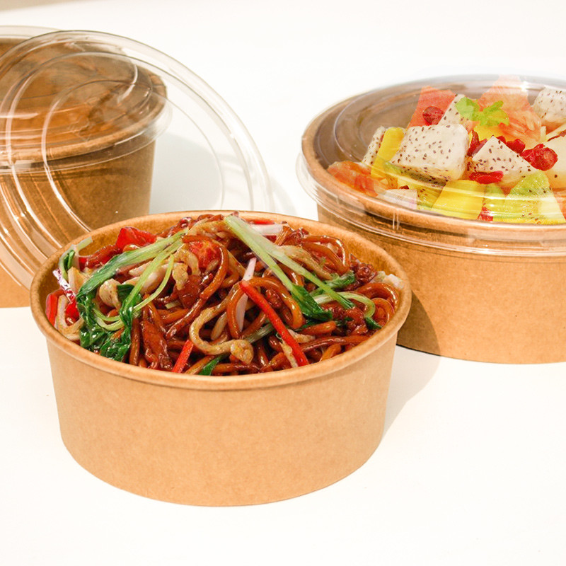 PE Lined Disposable 850ml Kraft Paper Salad Bowl Compostable To Go Food Container Salad Packaging Hot Food Containers