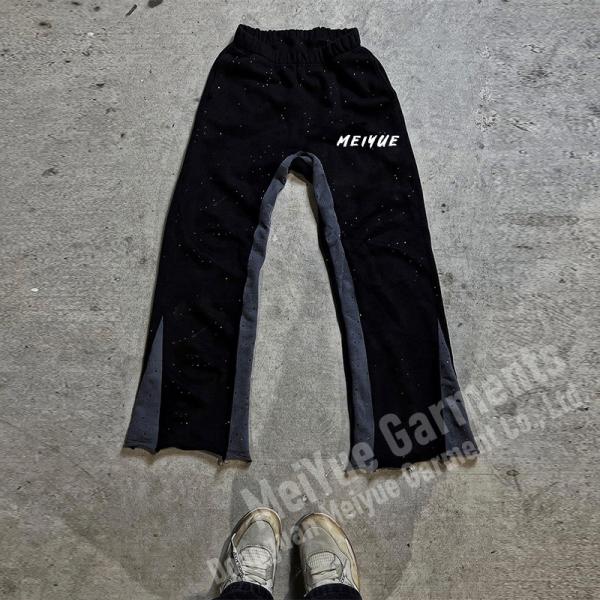 Custom Rhinestone Print Mens Joggers Wide Leg Flare Baggy Acid Wash Stacked