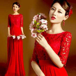 China Red Lace Half Sleeveless Floor Length Bridal Dress Gorgeous Evening Dress TSJY145 on sale