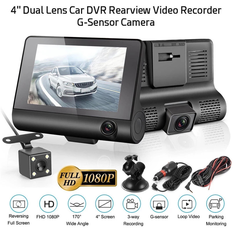 4 Inch Car Camcorder FHD 1080P Triple Lens DVR Dashboard Camera 170 Degree