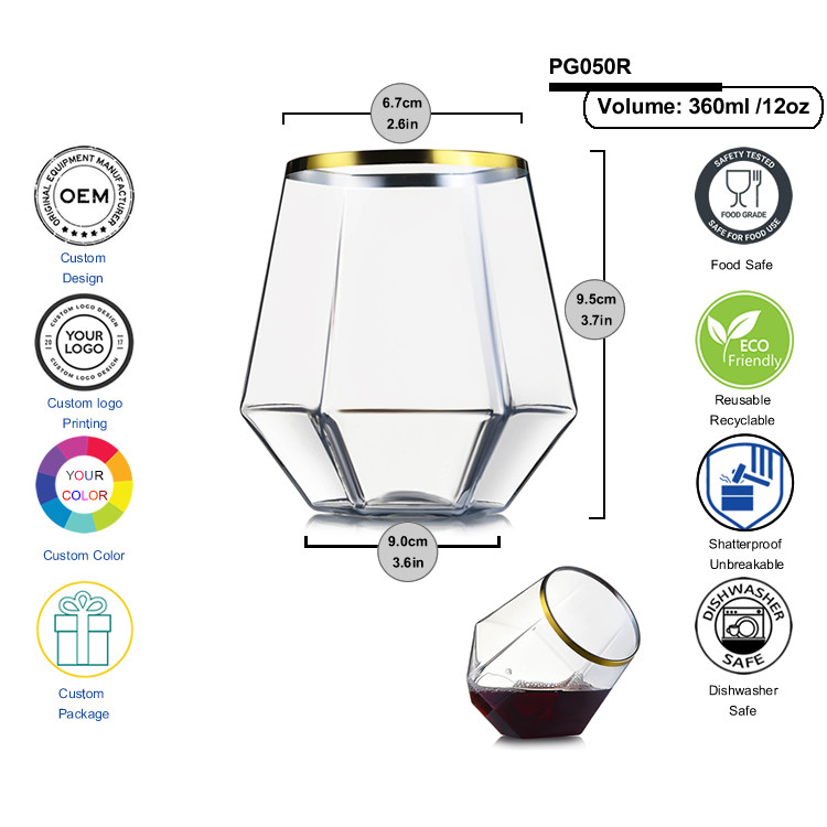 Cocktail Whiskey Diamond Stemless Plastic Wine Glasses 12oz Gold Rim