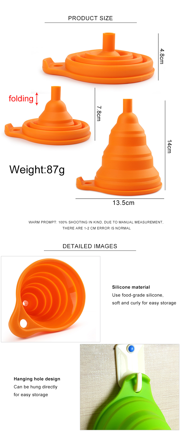 Food Grade Portable Collapsible Silicone Funnel for kitchen accessories