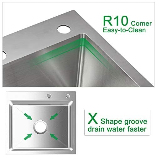 25'' Top Mount Stainless Steel Kitchen Sink Deep Bowl With Two Holes