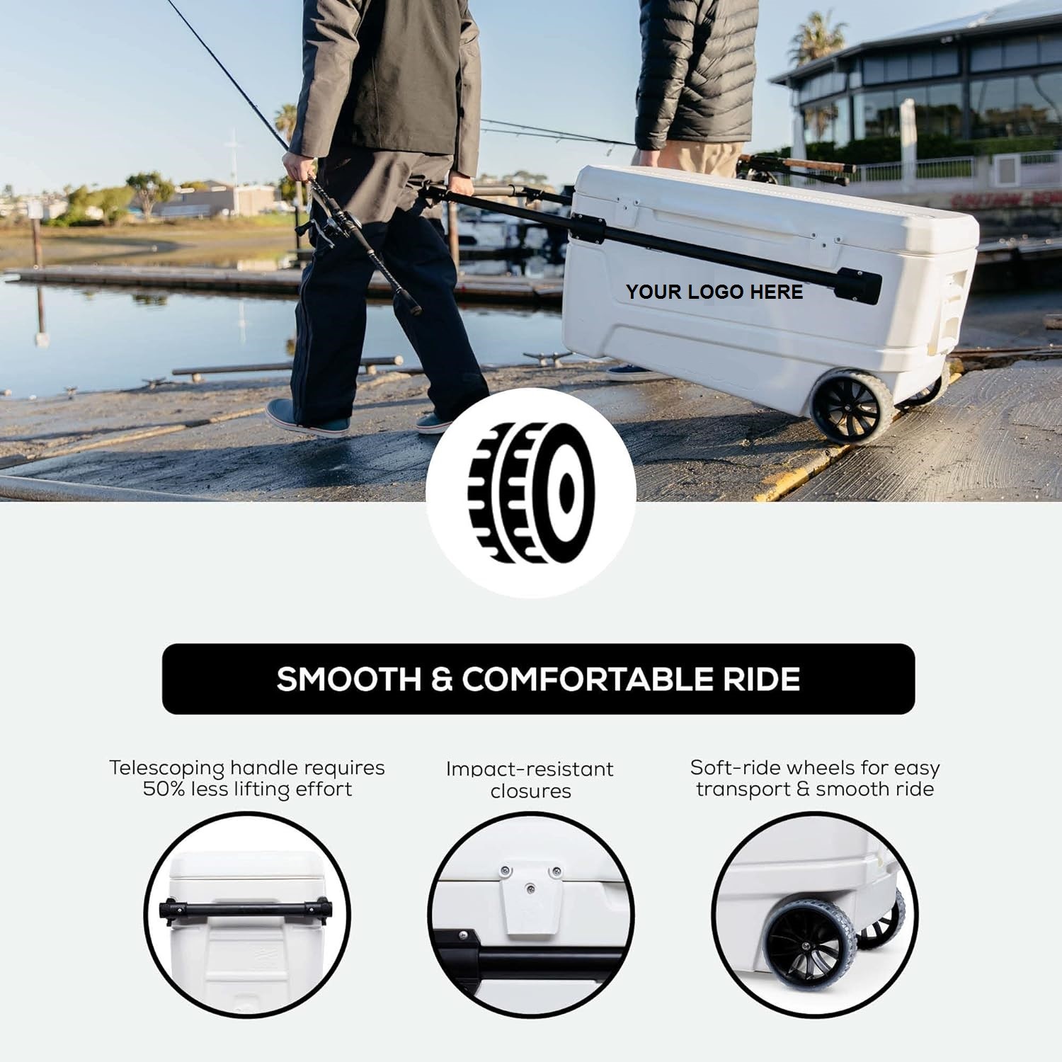 55 Quart Best Sell Ice Box 4 Wheel Premium Wheeled Cooler Foam Insulation Foldable Backrest Seat Chilly Chest