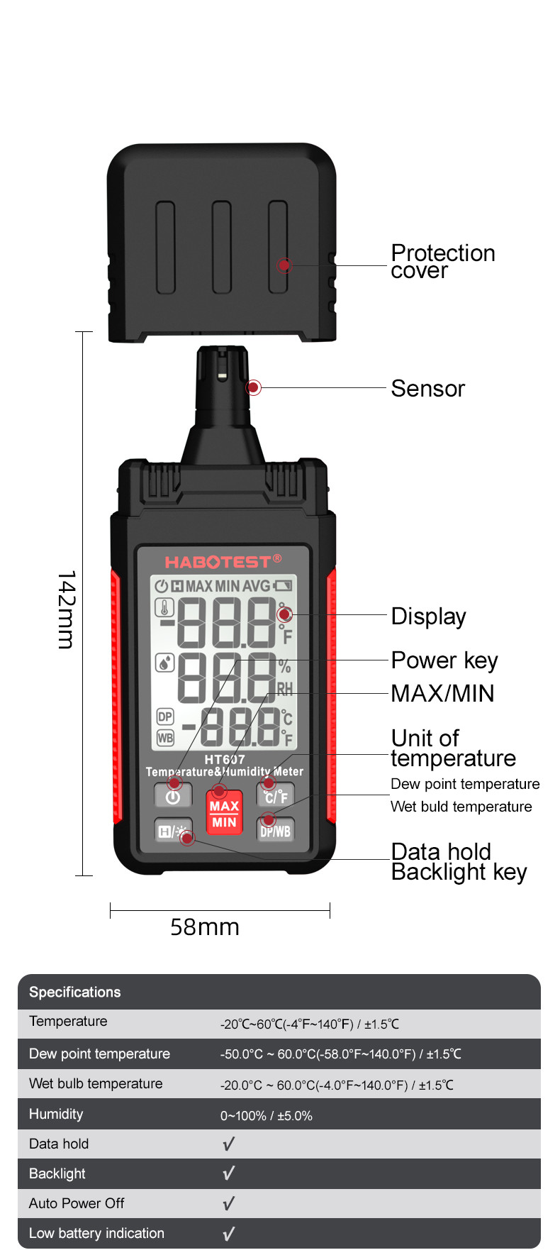 HT607 LCD Digital Temperature Humidity Meter Professional Laboratory Thermo-Hygrometer Farm Plastic Shed Moisture Meter