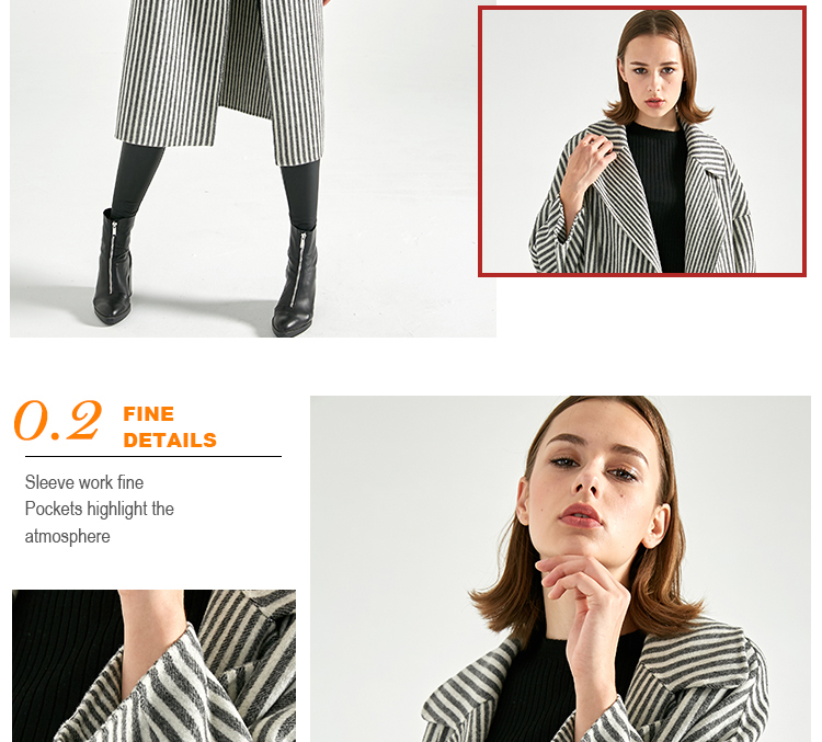 Long Section Stripe Ladies Grey Wool Coat Windproof No Button Closure OEM Service
