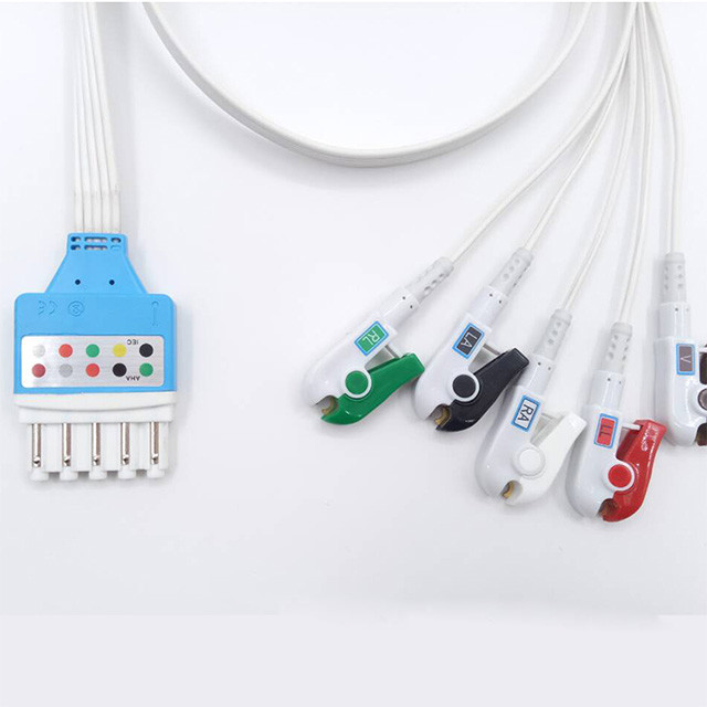 HP / PH 5 Leads Disposable ECG lead wire Cables 90cm Length 3 Clips IEC