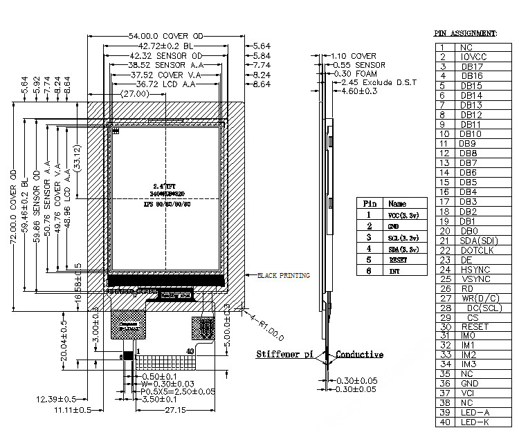 2.4 Inch LCD TFT Touch Screen 240x320 40 PINS MCU RGB SPI 450 CD/M2