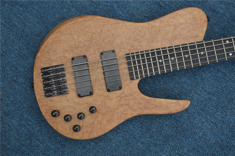 Custom 5 Strings Neck Through Ash Body Burl 3 Piece Neck Electric Bass Guitar in Natural Wood