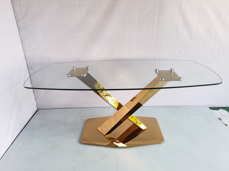 Wedding imported gold metal base mirrored glass top dining table with crystal