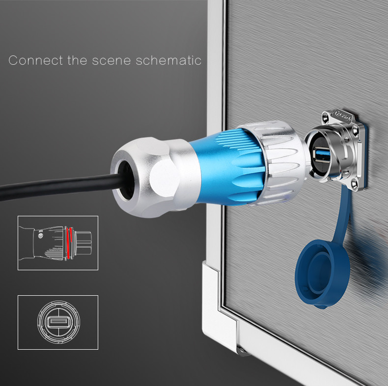 USB3.0 Metal Shell Plug Dual USB Panel Mount M24 9Pin Soldering Cable Connector for Data Transmission