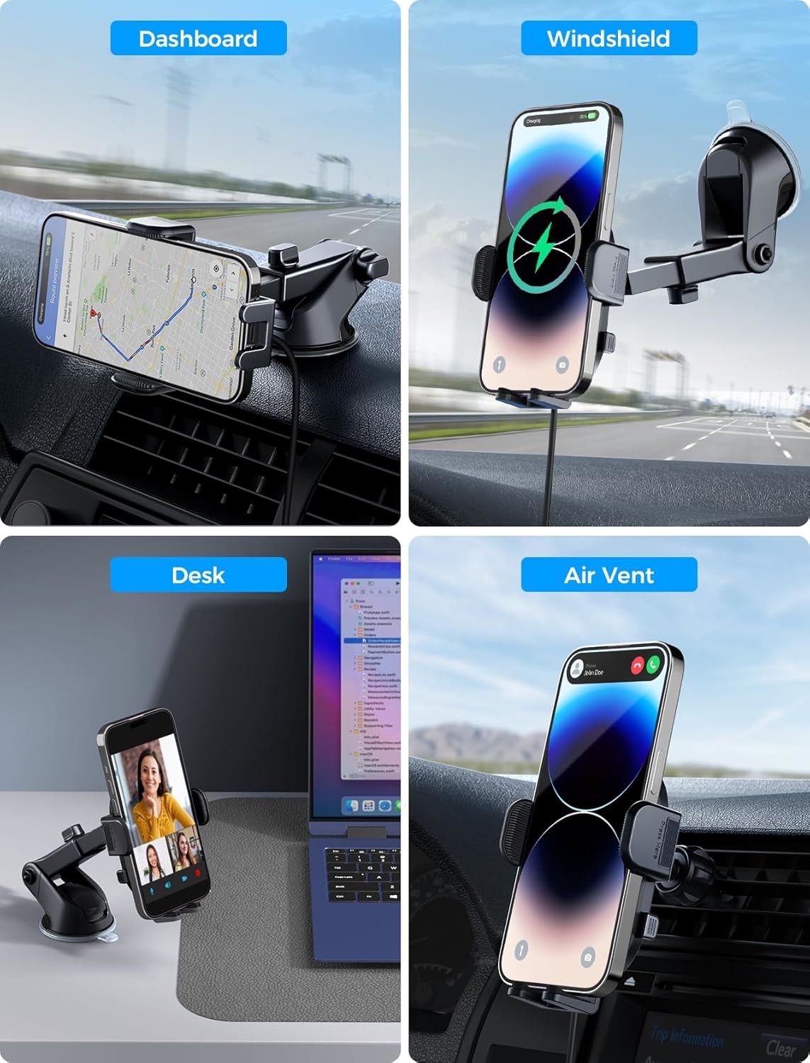 LED Lights Wireless Car Charger 15W 10W 7.5W With Dashboard Windshield Vent
