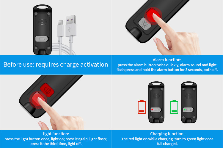 Rechargeable Battery 150mAh Siren Alarm Keychain 130DB For Kids Women