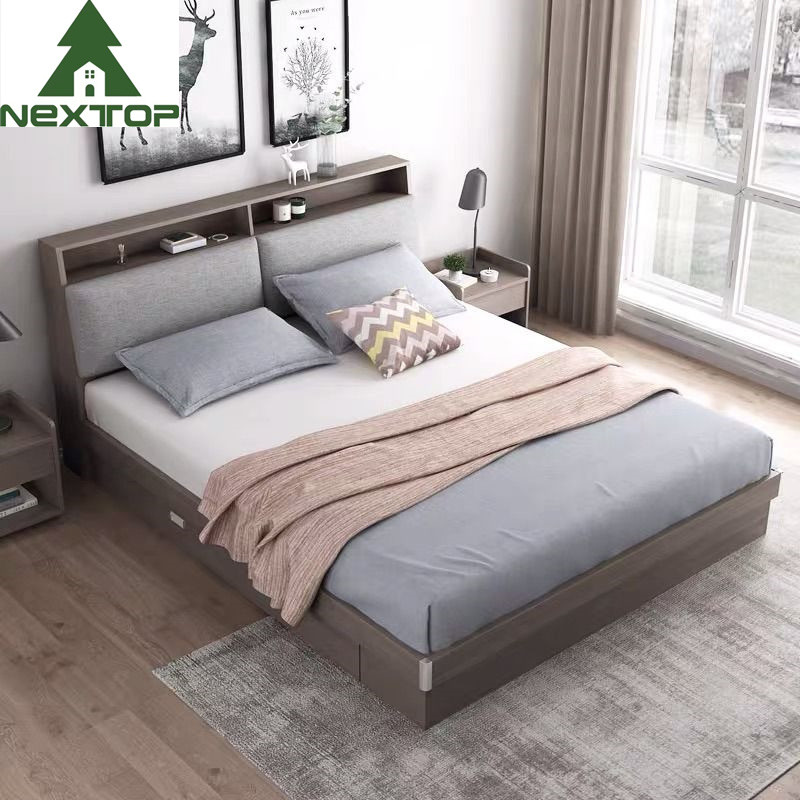 Wooden Frame Leather Headboard Bed With Nightstands Home Hotel Room Furniture