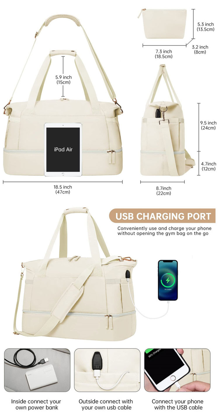 Custom Materials Sports Travel Duffel Bag With Usb Charging Port Wet Dry Separation