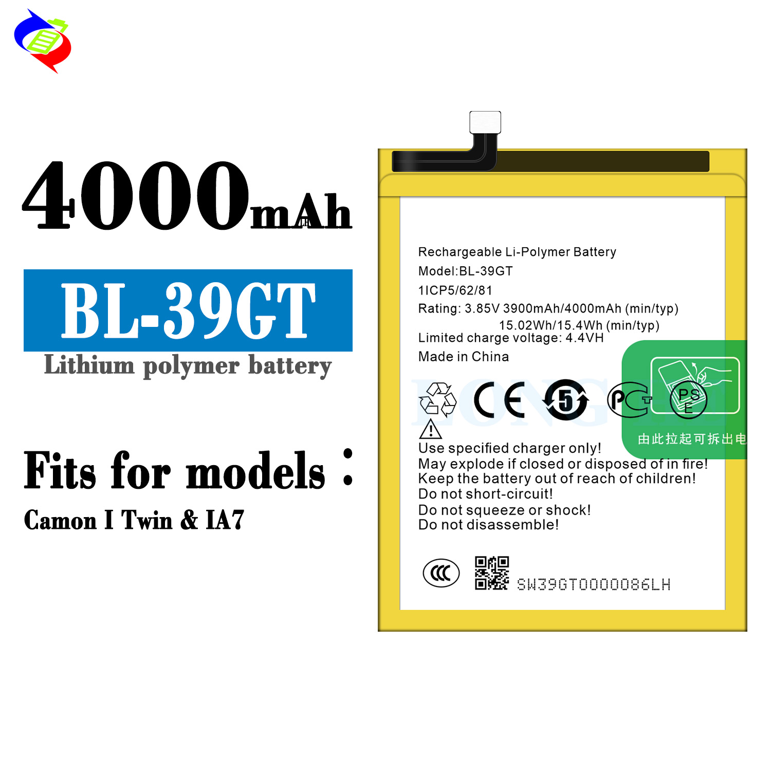 Tecno Camon I Twin/IA7 BL-39GT Yellow Rechargeable Battery Replacement 4000mAh Phone