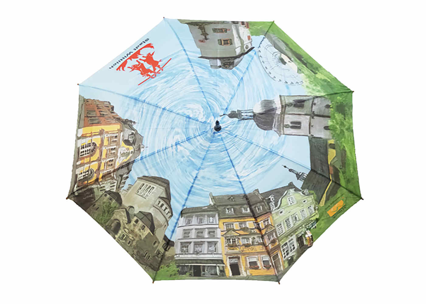 Customized Printed Auto Open Stick Umbrella Curved Handle Unique Canopy