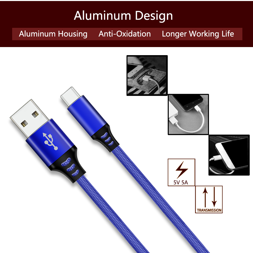 5A Smart Type C Cloth Braided Cable for Android Phone Charge Data Sync