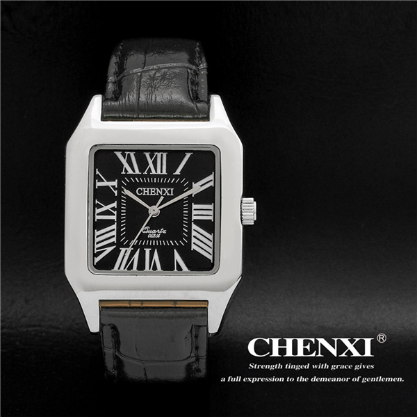 Tank Shape Unique Design Wristwatches Man Roma Numbers Stainless Steel Case Leather Watch