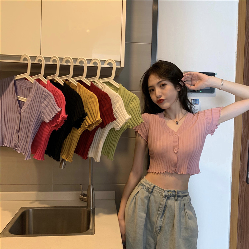 Summer V Neck Women Crop Top , Single Breasted Short Sleeve Knit Crop Top