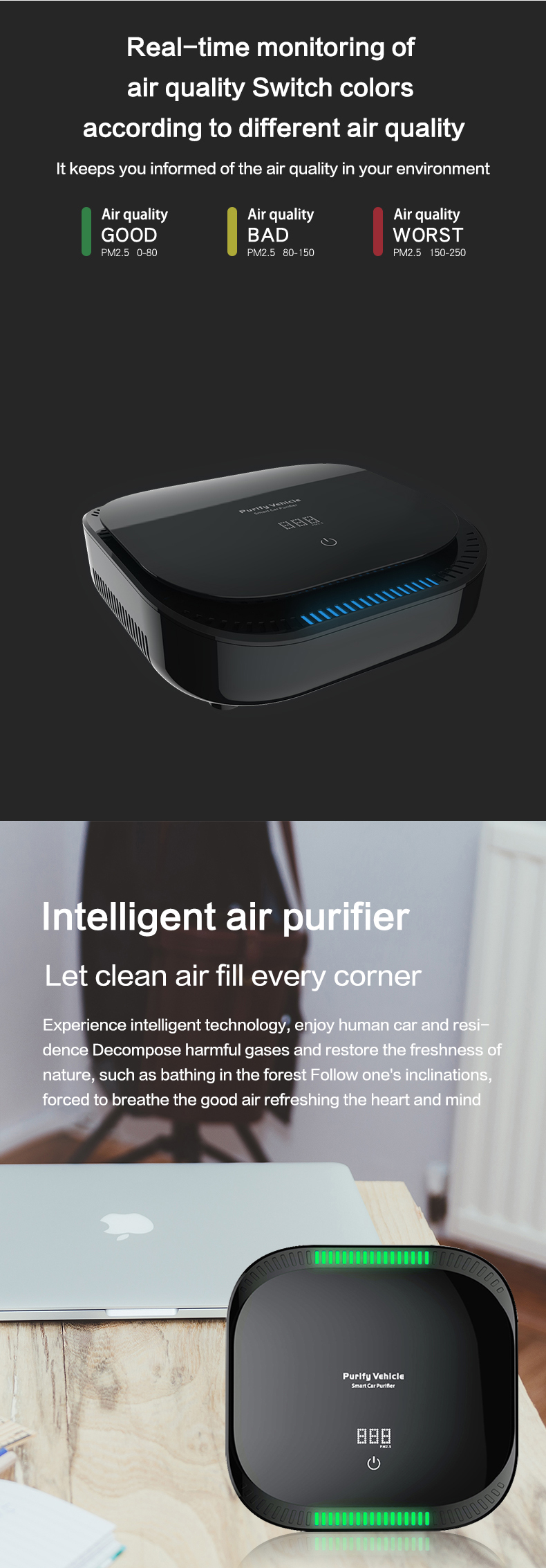 PM2.5 Display Mini Portable Intelligent Air Purifier Smart Touch Car HEPA Filter Air Purifier With Air Quality Sensor