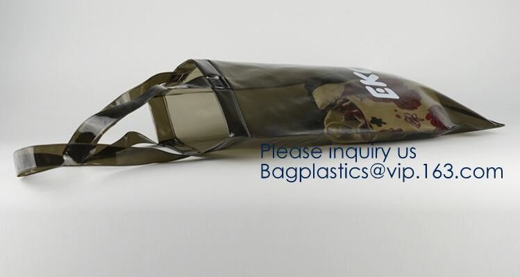 Waterproof All Over Printing PVC Coating Tote Shoulder Fabric Shopping Bag With Gusset And Lining,Jelly Clear Plastic PV
