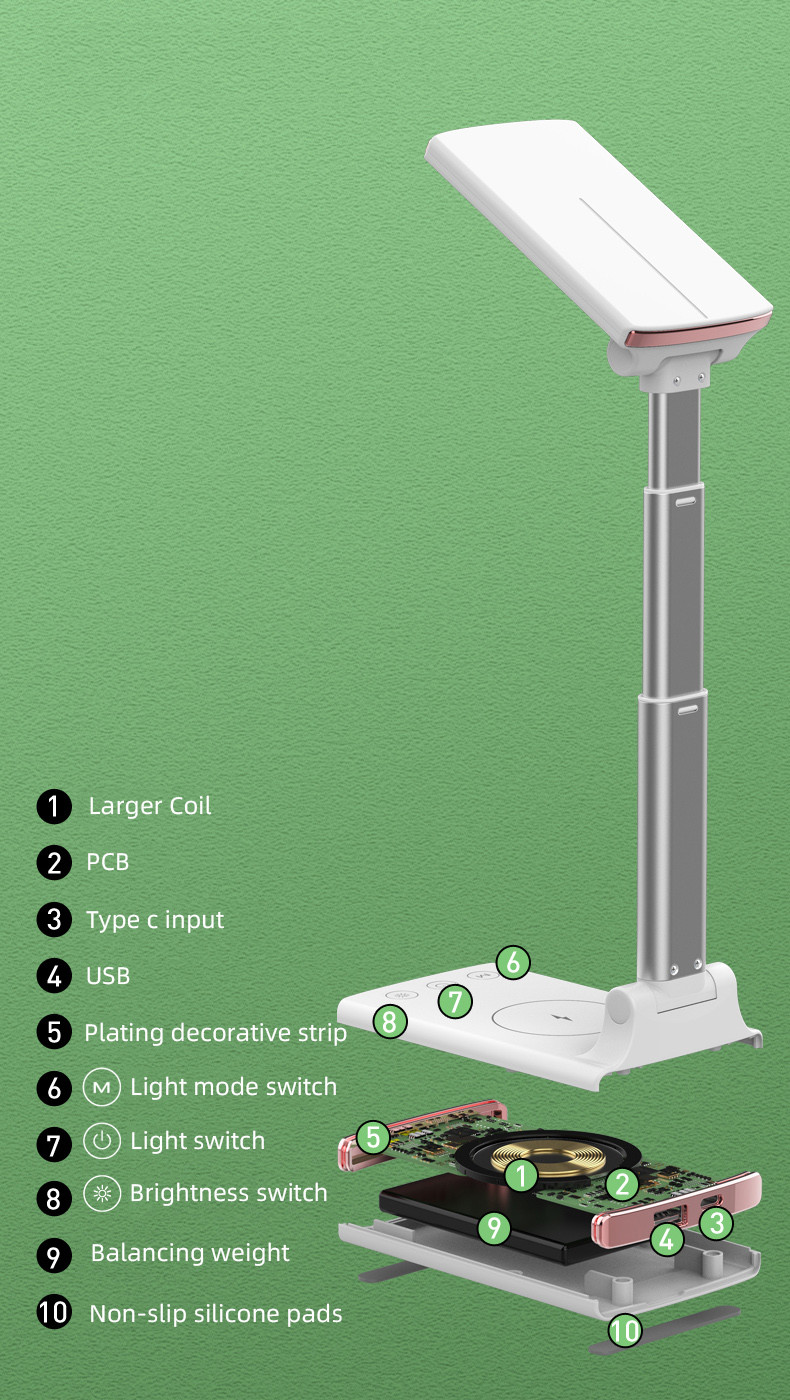 Flat Aluminium Foldable Led Desk Lamp With Wireless Charger Usb Charging For Iphone