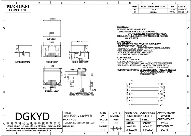 Sinking Plate Type 8P8C Modular Female RJ45 LED Connector DGKYDCB421188GWW6SB1075