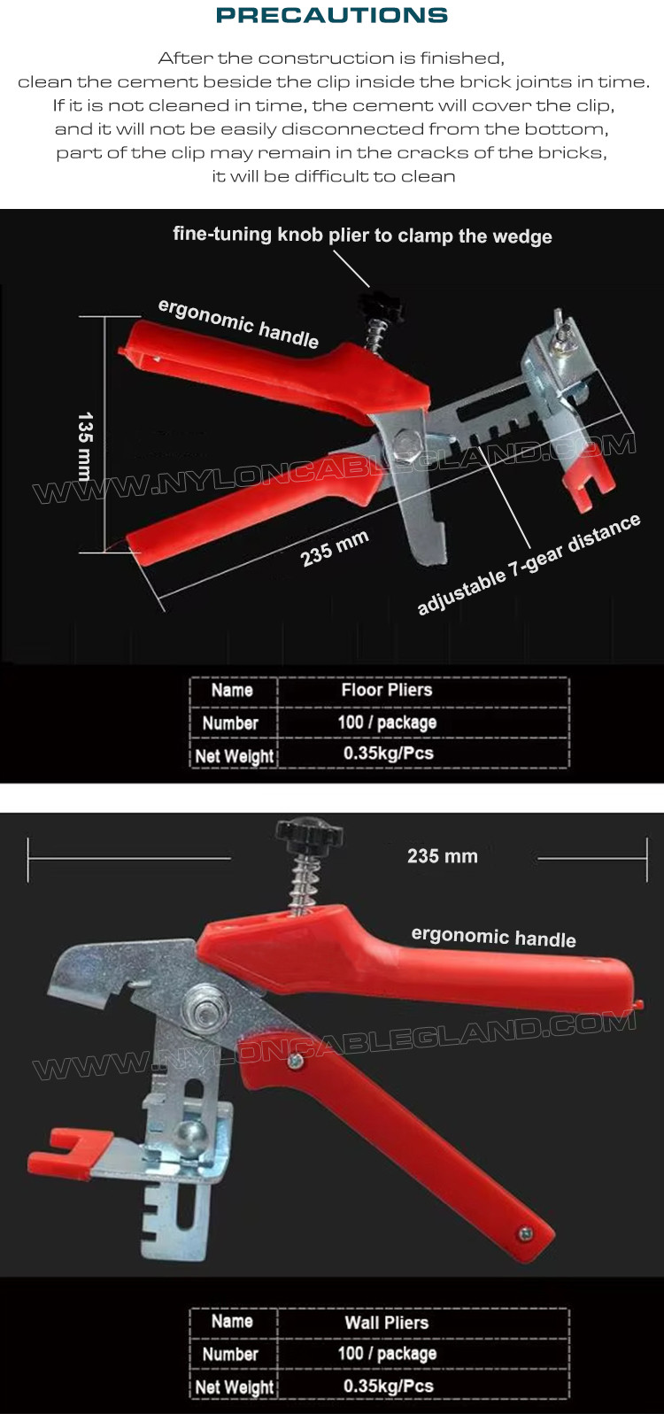 Plastic Tile Leveling System White Tile Leveling Spacer Clip 1.5mm (1/16") with Plier & Wedge, 500 pcs/bag, fit for 3-12mm Thick Tiles