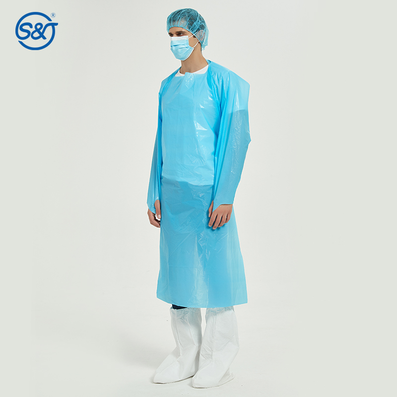 S&J Disposable CPE (Chlorinated Polyethylene) Isolation Gown Protective Gown with Thumb Loops Nonwoven AAMI Level